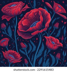 Vector seamless pattern with poppies flowers in a colorful and vibrant design,