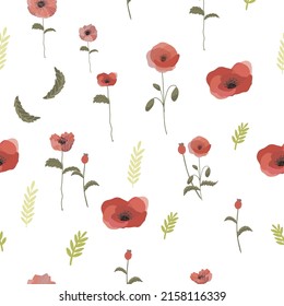 Vector seamless pattern with poppies and twigs.