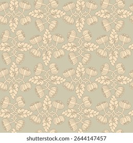 Vector seamless pattern from poppy flower plants, brown contour line on a beige background
