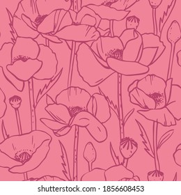 Vector seamless pattern with poppy flowers. Drawing of a poppy.