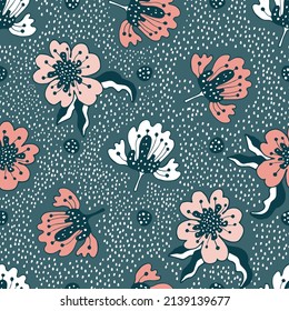 Vector seamless pattern. Poppy flowers, bright large inflorescences, red on a green background with a polka dot texture. Sketch flat minimalistic drawing in doodle style.