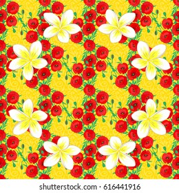 Vector seamless pattern with poppy flowers and leaves on a yellow background. Floral background with watercolor effect. Textile print for bed linen, jacket, package design, fabric and fashion concepts