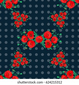 Vector seamless pattern with poppy flowers and leaves on a blue background. Floral background with watercolor effect. Textile print for bed linen, jacket, package design, fabric and fashion concepts.