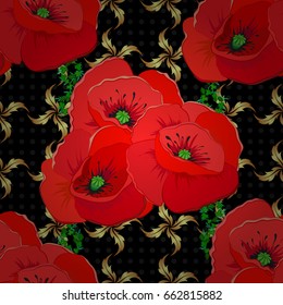 Vector seamless pattern with poppy flowers and leaves on a black background. Floral background with watercolor effect. Textile print for bed linen, jacket, package design, fabric and fashion concepts.