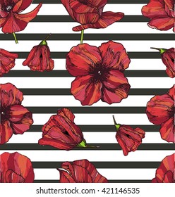 Vector seamless pattern of poppy isolated on trendy black strips. Hand drawn floral and geometric. Wrapping paper, wallpaper, greeting card, invitations, wedding.