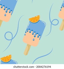 Vector seamless pattern with popsicle ice cream. Ice cream in blue glaze with an orange slice. 