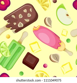 Vector seamless pattern of popsicles on a stick, pieces of different fruits and ice cubes. On a pastel yellow background