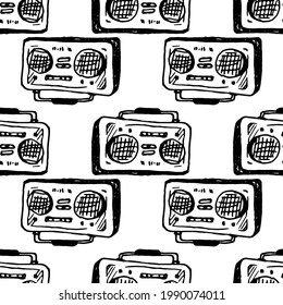 Vector seamless pattern of a portable music recorder. pattern of vintage cassette rectangular tape recorder black outline hand-drawn doodle style on white background, for design template