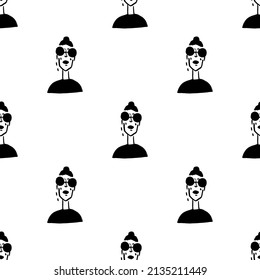 Vector seamless pattern with portrait of strong and confident girl.Fashion background with hand-drawn woman face.Graphic design for fabric,cover,print,textile.Isolated on white background.
