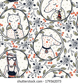 vector seamless pattern with portraits of cute funny animals