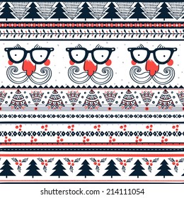 vector seamless pattern with portraits of Santa and folk ornaments