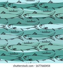 Vector seamless pattern of Portuguese sardines on blue stripp background. Funny image to print on textiles, cards, ads, t-shirts.