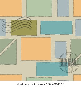 vector seamless pattern. postage stamps of different shapes and sizes and colors on a brown background. post stamp