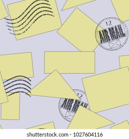 vector seamless pattern. postage stamps of varying shape and size, yellow in color and scattered on a purple background. post stamp