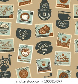 Vector seamless pattern with postage stamps and other coffee symbols on coffee and coffeehouse theme in retro style on beige background. Can be used as wallpaper or wrapping paper