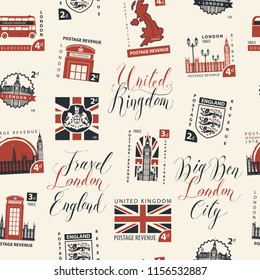 Vector seamless pattern with postage stamps and handwritten inscriptions on UK and London theme in retro style on light background. Can be used as wallpaper or wrapping paper