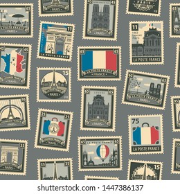 Vector seamless pattern with postage stamps on theme of France and Paris in retro style. French architectural landmarks, map and flag. Can be used as wallpaper, wrapping paper, fabric