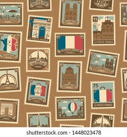 Vector seamless pattern with postage stamps on theme of France and Paris in retro style. French architectural landmarks, map and flag. Can be used as wallpaper, wrapping paper, fabric