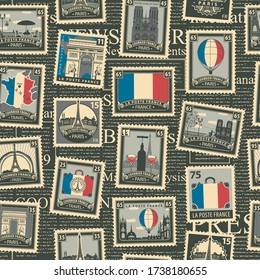 Vector seamless pattern with postage stamps on France and Paris theme in retro style. French landmarks, map and flag on the background of magazine or newspapper page. Wallpaper, wrapping paper, fabric