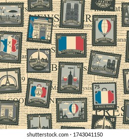 Vector seamless pattern with postage stamps on the France and Paris theme in retro style. French landmarks, map and flag on the background of old newspaper page. Wallpaper, wrapping paper, fabric