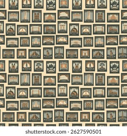 Vector seamless pattern with postage stamps with landmarks of different countries. Repeating background with travel theme. Suitable for wallpaper, wrapping paper or fabric design. No aI used