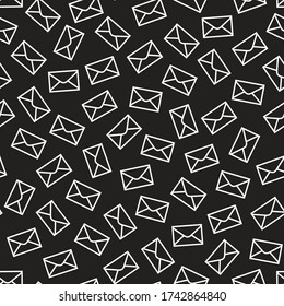 Vector seamless pattern from Postal envelopes white contour on a black   background. Remote Communication of people, information exchange concept. Web page fill, wallpaper, simple modern print