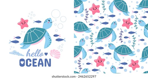 Vector sin costuras patrón y una postal con una tortuga linda en un estilo dibujado a mano. Animales marinos, peces del océano. Ideal para ropa de cama de bebé, Fondo de pantalla, papel de embalaje, tela, textiles, estampados de camisetas