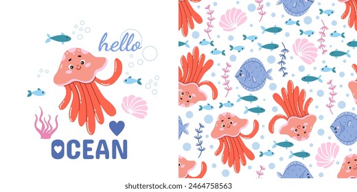 Vector seamless pattern and a postcard with a cute jellyfish in a hand-drawn style. Marine animals, ocean fish. Ideal for baby bedding, wallpaper, wrapping paper, fabric, textiles, T-shirt prints