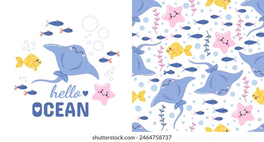 Vector seamless pattern and postcard with a cute hand-drawn sea stingray. Marine animals, ocean fish. Ideal for baby bedding, wallpaper, wrapping paper, fabric, textiles, T-shirt prints