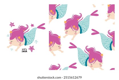 Vector sin patrón y cartel, impresión, postal con lindas chicas sirena. Textura creativa de los niños para la tela, envoltura, materia textil, Fondo de pantalla. Niña. Vivero. Estampado femenino. Bajo el mar. Océano.