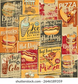 Vector seamless pattern of posters on the theme of restaurants and fast food shops, drinks, pizza and ice cream. Hamburger, cheeseburger, hot dog. Wallpaper, wrapping paper, fabric, tile. No AI used