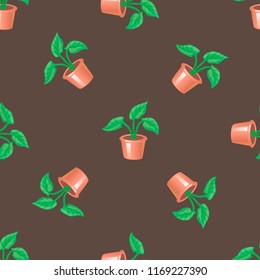 Vector seamless pattern with pot and plant on a brown background. Stylish homely backdrop for textiles and any other design