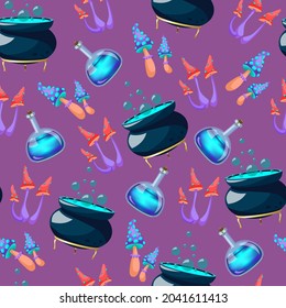 Vector seamless pattern with potion bottle, potion cauldron, turquoise and orange neon fly agarics isolated on purple background.