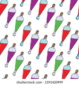 Vector seamless pattern with potion flasks. Hand-drawn on a white background. for the design of wallpaper, coatings, packaging of paper, textiles, fabrics.