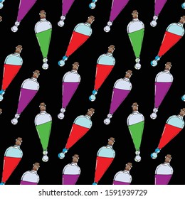 Vector seamless pattern with potion flasks. Hand-drawn on a black background. for the design of wallpaper, coatings, packaging of paper, textiles, fabrics.