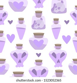 Vector seamless pattern with potions, skulls and poisons against white background.