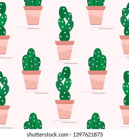 Vector seamless pattern with potted cactus, succulents. Trendy background. Tropical plants. Template for design, fabric, print.