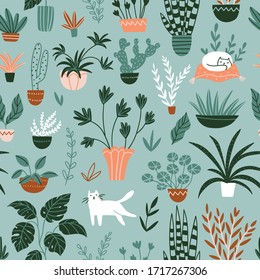 Vector seamless pattern with potted flowers and cats. Cute and cozy repeat background in green colors. Botanical fabric design.