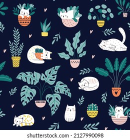 Vector Seamless Pattern With Potted Flowers And Cats. Cute And Cozy Repeat Background. Perfect For Kids Design, Fabric, Wrapping, Wallpaper, Textile, Apparel