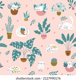 Vector Seamless Pattern With Potted Flowers And Cats. Cute And Cozy Repeat Background. Perfect For Kids Design, Fabric, Wrapping, Wallpaper, Textile, Apparel