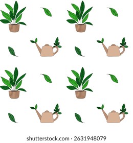 Vector seamless pattern with potted plants, watering cans, and green leaves on a white background. Ideal for eco designs, gardening products, and fabric prints.