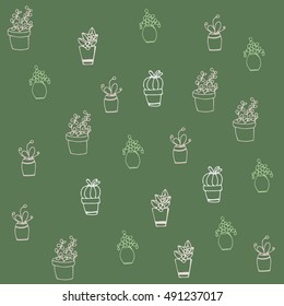 Vector seamless pattern of potted plants in cartoon style in green and beige color. Hand drawn illustration design for decoration, wallpaper, gift paper, web, textile, postcards.