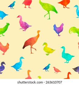Vector seamless pattern with poultry silhouettes filled with watercolor. Perfect for prints and backgrounds.