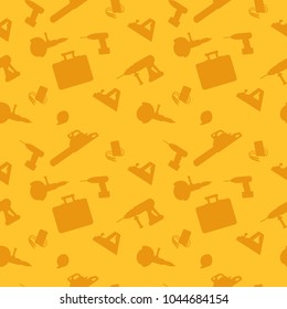 Vector seamless pattern of power tools - drill, hammer drill, chainsaw, electric plane, grinder, ammeter, tape measure, tool box on a yellow background