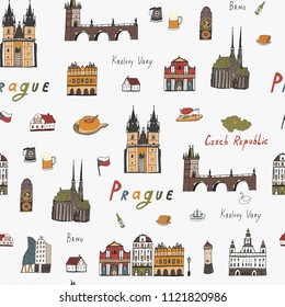 Vector seamless pattern of Prague, Czech republic travel landmarks 