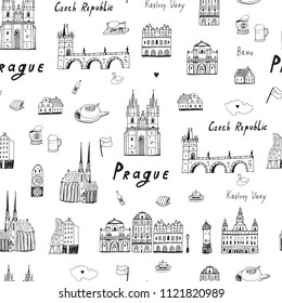 Vector seamless pattern of Prague, Czech republic travel landmarks 