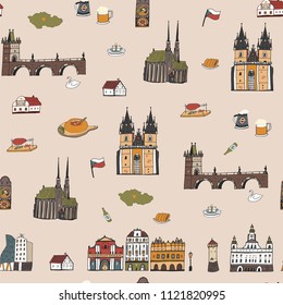 Vector seamless pattern of Prague, Czech republic travel landmarks 