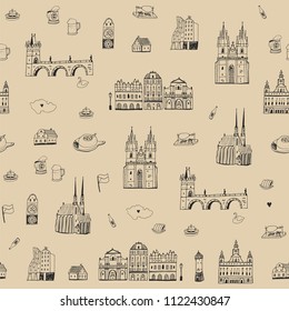 Vector seamless pattern of Prague, Czech republic travel landmarks 