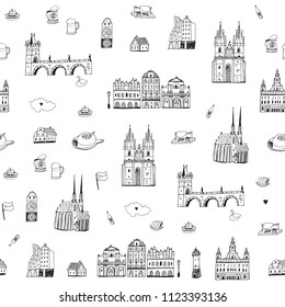 Vector seamless pattern of Prague, Czech republic travel landmarks 