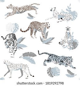 Vector seamless pattern with predatory wild cats, tigers, leopards, cheetahs. For the design of postcards, fabrics and other